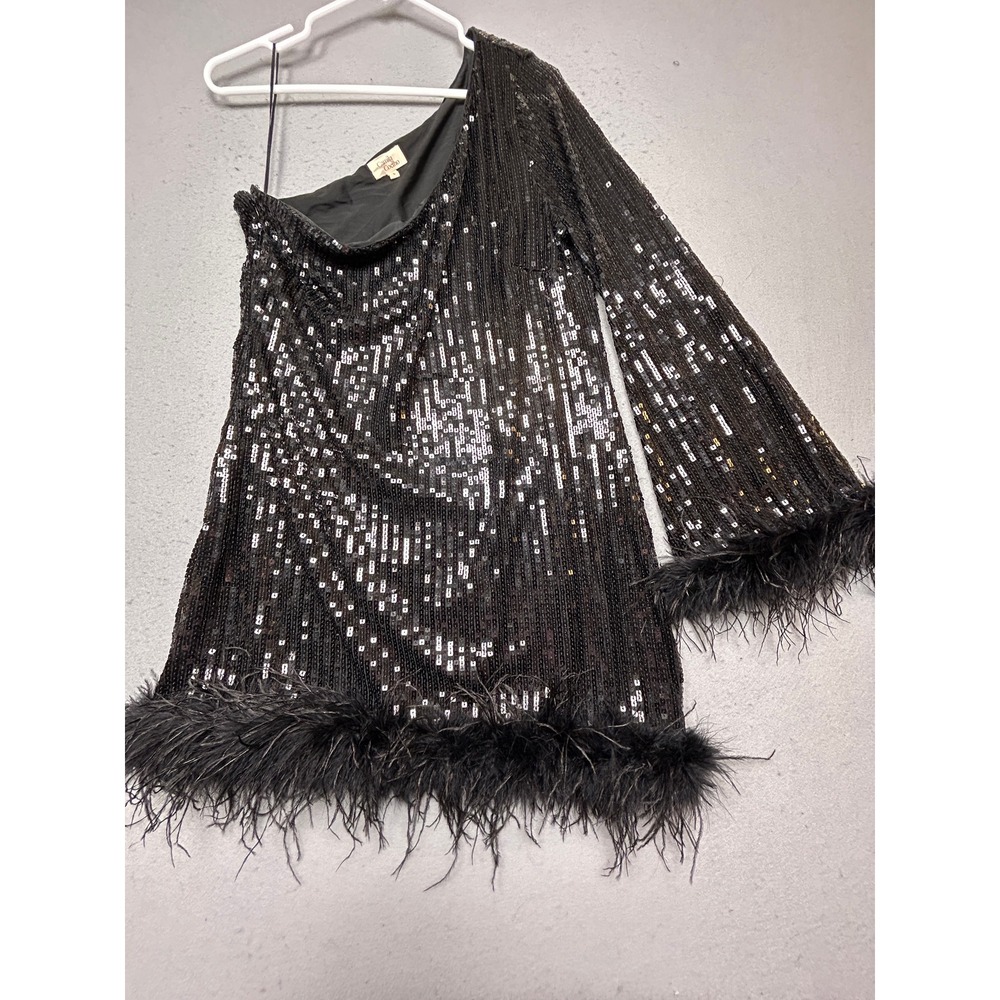 Camila Coelho Dress Sequin Feather Black Large Womens